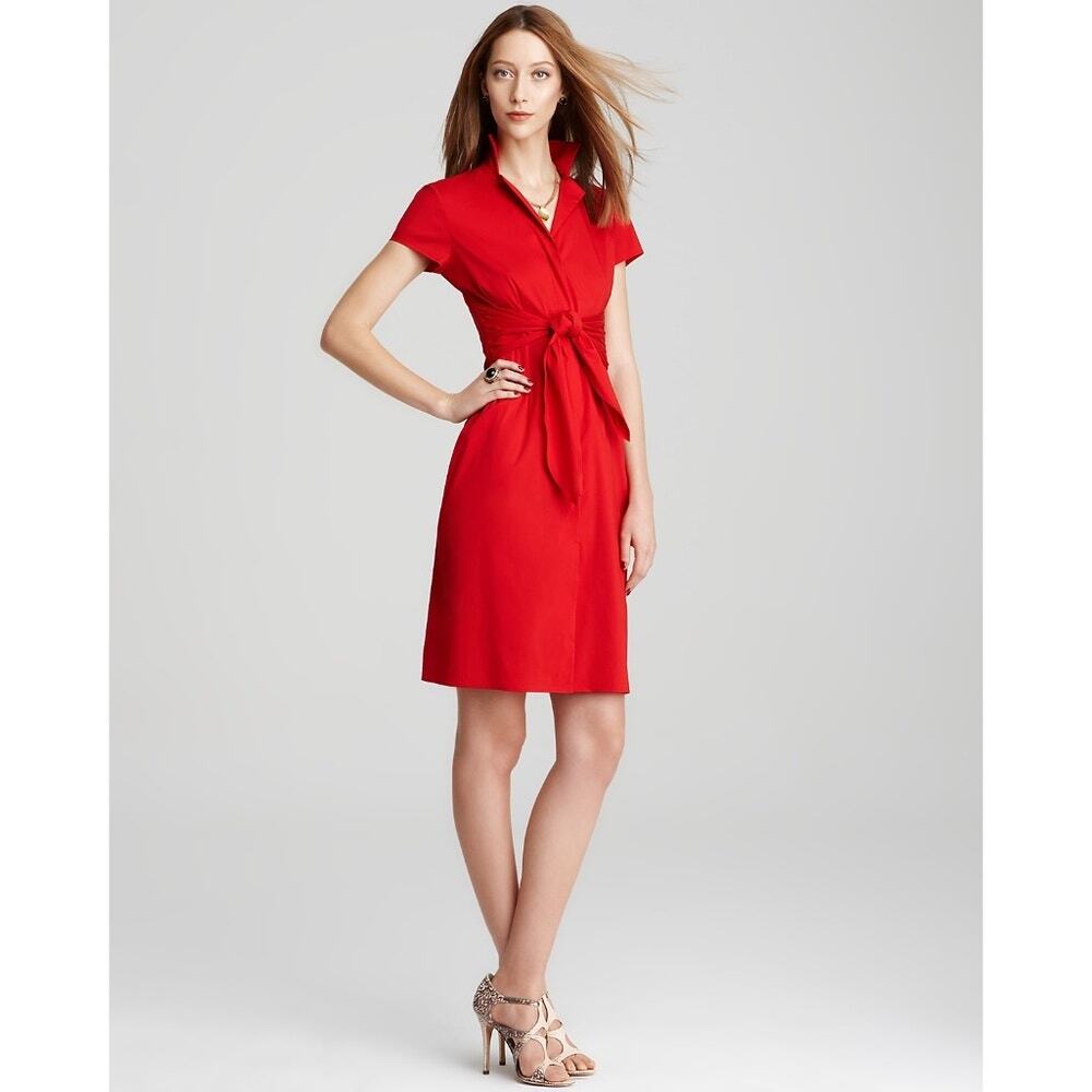 Lafayette148 New York Notch Collar Belted Shirt Red Dress Sz 2 Full Zip Day Prep